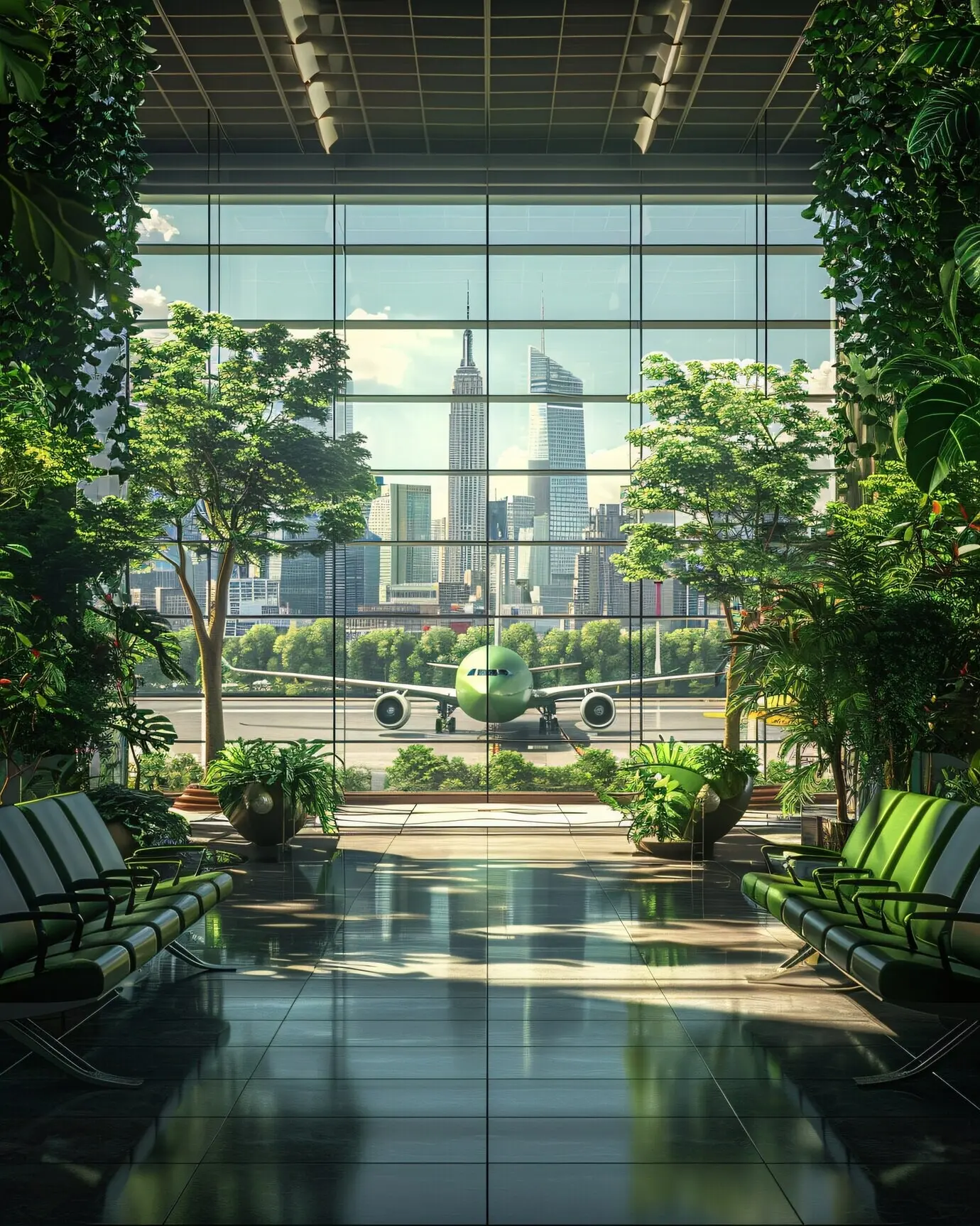 Самолет зеленого цвета в экологичной среде.